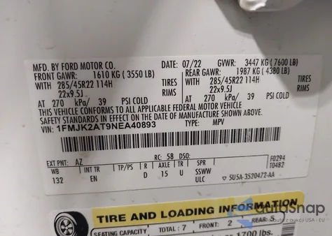 2022 Ford Expedition Limited Max из США, поврежденный, VIN 1FMJK2AT9NEA40893